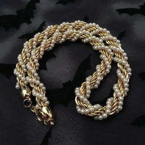 Gold Pearl Bead Braid Necklace
